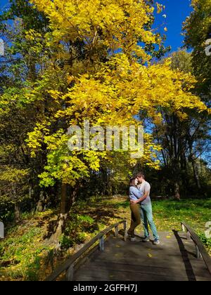 Pärchen umarmt sich auf einer kleinen Holzbrücke im Herbstpark in der Nähe eines großen Baumes. Stockfoto