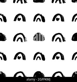 Pinsel skandinavische Striche nahtloses Muster. Abstrakter Vektor von Hand gezeichnete Halbkreise, Grunge-Texturzeichnung. Schwarze Farbe trocken. Geometrisches Geschenkpapier Stock Vektor