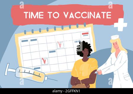 Flacher Cartoon Arzt und Patienten Zeichen, Impfung und Coronavirus Prävention Vektor Illustration Konzept Stock Vektor