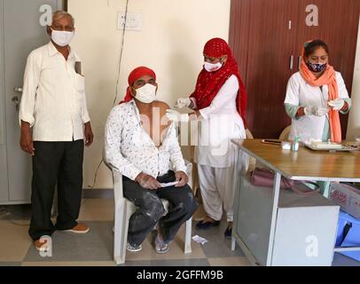 Beawar, Indien. August 2021. (8/25/2021) Indisches Gesundheitsunternehmen verabreichte einem Begünstigten während einer eintägigen Impfkampagne für Arbeiter im RICCO-Industriegebiet in Beawar eine Dosis Covishield (COVID-19-Impfstoff). Indien hat mehr als 594 Millionen Schüsse verabreicht und deckt über 325 Millionen Menschen mit mindestens einer Dosis COVID-19-Impfstoff ab. (Foto von Sumit Sararswat/Pacific Press/Sipa USA) Quelle: SIPA USA/Alamy Live News Stockfoto