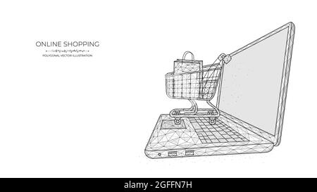 Online-Shopping. Polygonale Darstellung eines Laptops und eines Warenkorbs auf blauem Hintergrund. E-Commerce-Store-Konzept. Stock Vektor