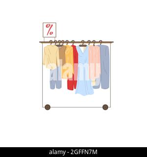 Flacher Cartoon Kleiderständer mit verschiedenen Kleidern, Mode Shopping Vektor Illustration Konzept Stock Vektor