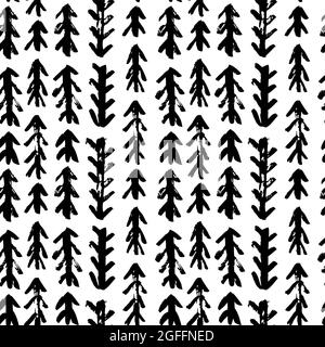 Pinsel skandinavischen Vektor geometrische Striche Tannenbaum nahtloses Muster. Abstrakte, handgezeichnete Linien, grunge-Textur-Zeichnung. Schwarze Farbe trockene Bürste Stock Vektor