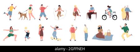 Cartoon Wohnung glücklich Charaktere tun Sommer-Aktivitäten, Vektor-Illustration Konzept Stock Vektor
