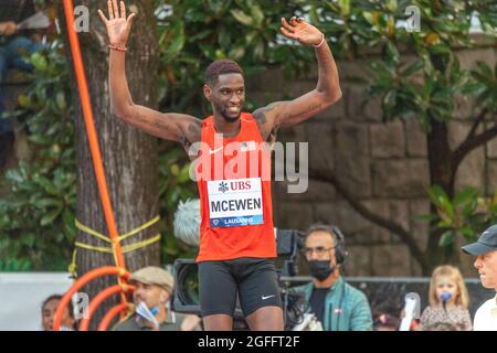 Lausanne, Schweiz. Mai 2021. Shelby McEwen aus den USA ist während des Hochsprungwettbewerbs beim City Event des Grand-Prix Athletissima Wanda Diamond League in Lausanne 2021 im Einsatz (Foto: Eric Dubost/Pacific Press) Quelle: Pacific Press Media Production Corp./Alamy Live News Stockfoto