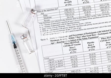 Deutschland - August 2021: Tbalet mit Nebenwirkungen und Nebenwirkungen des Covid-19-Impfstoffs von Pfizer BioNTech in der Packungsbeilage aufgeführt Stockfoto