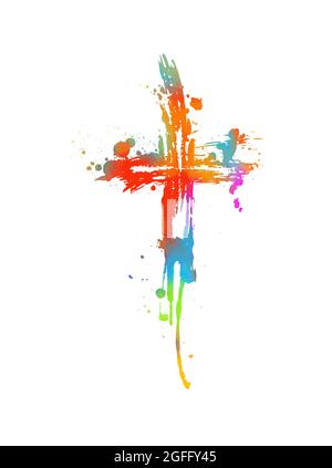 Mehrfarbiger Kreuzverfärbungen. Kreuz aus Regenbogenblots. Frohe Ostern. Vektorgrafik Stock Vektor