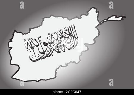 Flagge der Islamischen Republik Afghanistan auf einer Übersichtskarte. Flagge in Form einer kalligraphisch geschriebenen Taliban Shahada auf weißem Hintergrund Stock Vektor