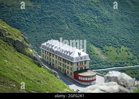 Hotel Belvedere am Furkapass 2436 m. Furkapass im James-Bond-Film Goldfinger. Furka Pass, Schweiz - August 2021 Stockfoto