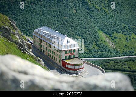 Hotel Belvedere am Furkapass 2436 m. Furkapass im James-Bond-Film Goldfinger. Furka Pass, Schweiz - August 2021 Stockfoto