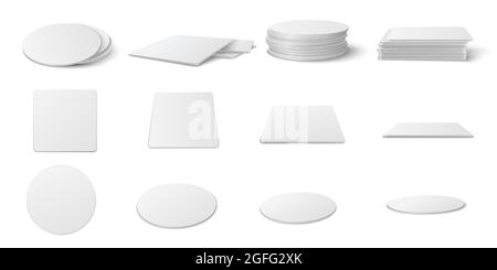 Realistische runde und quadratische Untersetzer Mockup Set. Stock Vektor