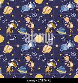 Cosmos nahtloses Vektormuster. Niedliche Katze und Hund im Weltraum. Tierische Astronauten. Stock Vektor