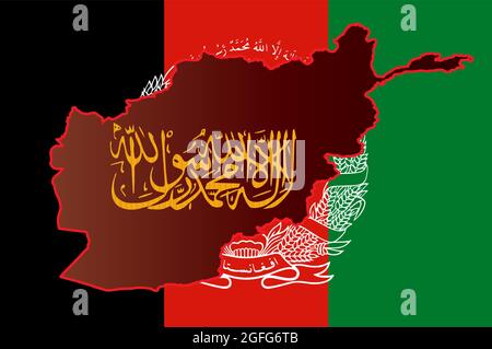 Kalligraphische Schrift der Islamischen Republik Afghanistan der Taliban Shahada auf einer Übersichtskarte. Karte auf dem Hintergrund der Flagge Afghanistans. Stock Vektor