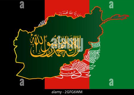 Kalligraphische Schrift der Islamischen Republik Afghanistan der Taliban Shahada auf einer Übersichtskarte. Karte auf dem Hintergrund der Flagge Afghanistans. Stock Vektor