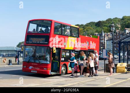 Bute Open mit Hop-on-Hop-off-Sightseeing-Bus, Rothesay, Isle of Bute, Schottland, Großbritannien Stockfoto