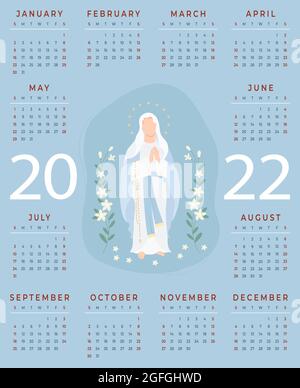 Religiöser Kalender für 2022 mit der Jungfrau Maria. Die Allerheiligste Gottesmutter die Königin des Himmels mit Lilien. Vektorgrafik. Vertikale A3-Vorlage Stock Vektor