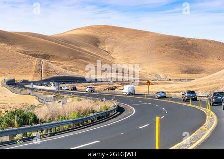 Viel Verkehr auf den kurvenreichen Straßen durch die goldenen Hügel von Contra Costa County, East San Francisco Bay Area, Kalifornien Stockfoto