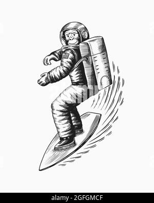 Monkey Astronaut reitet ein Surfbrett.. Schimpansen-Raumfahrer surfrider. Kosmonauten-Charakter. Modisches Tier. Von Hand gezeichnete alte monochrome Skizzenlinie Stock Vektor