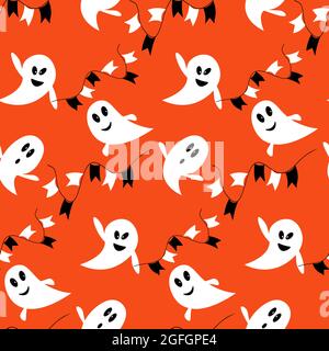 Muster mit lustigen Geistern und Fahnen. Vektorgrafik auf einem orangefarbenen Hintergrund. Stock Vektor