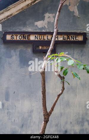 Das alte Straßenschild aus Eisen und Keramikfliesen, in englischer und chinesischer Sprache, für Stone Nullah Lane, Wan Chai, Hong Kong Island Stockfoto