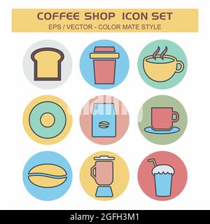 Set Icon Vektor von Coffee Shop - Color Mate Stil - einfache Illustration, editierbare Kontur, Design Template Vektor, gut für Drucke, Poster, Werbung Stock Vektor