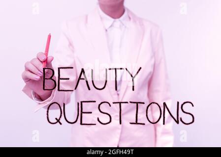 Textunterschrift mit Schönheitsfragen. Geschäftskonzept ein Satz oder Satz, der verwendet wird, um Informationen über neue Pläne und Ideen zu finden Stockfoto