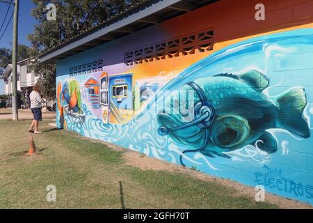 Wandgemälde mit Meeresmotiv auf dem Telekommunikationsschuppen in Groper Creek, in der Nähe von Home Hill, Queensland, Australien. Kein MR oder PR Stockfoto