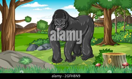 Gorilla in Wald- oder Regenwald-Szene mit vielen Bäumen Illustration Stock Vektor