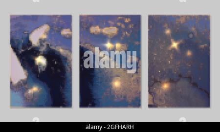 Set von abstrakten dunkelblauen und goldenen Hintergründen mit Marmorstruktur und glänzendem Glitzer Stock Vektor