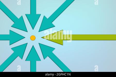 Pfeile, die zum roten Zielkreis auf blauem Hintergrund gehen. 3d-Illustration. Gruppe von Pfeil gehen in die gleiche Richtung oder Ziel mit einem einzigartigen Pfeil. Competit Stockfoto