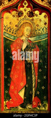 Auge, Suffolk, St. John the Evangelist, Weinglas, Schlange, Ende des 15. Jahrhunderts, Rood Screen Painting Stockfoto