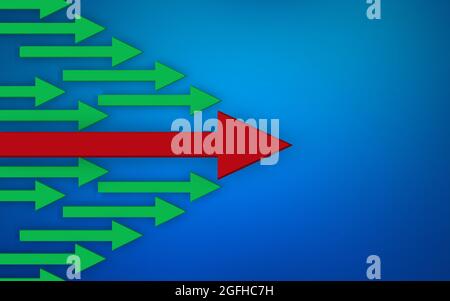 Roter Pfeil Anführer folgt grünen kleinen Pfeilen auf blauem Hintergrund. Arrows Führungskonzept. Stockfoto