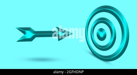 3d-Rendering eines Zielsymbols. Schild mit dem Symbol für den dimensionalen Pfeil. Blaues 3D-Dartziel und Pfeil auf türkisfarbenem Hintergrund. Geschäftsziele Erreichen Stockfoto