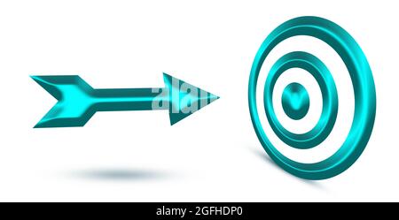 3D-Rendern des Zielzeichenses mit einem dort-dimensionalen Pfeil. Blauer Zieldart und Pfeil auf weißem Hintergrund. Geschäftsziel und Konzeptidee Stockfoto