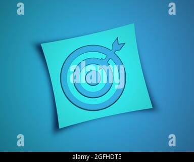Papierzielpfeil mit Pfeil auf blauem Hintergrund. 3d-Zielschild in Papierschnitt Stockfoto