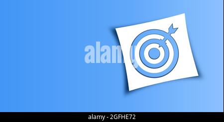 Papierziel mit Pfeil auf blauem Hintergrund. Geschäftsziele Symbol, Ziel und Targeting Konzept Idee mit freiem Raum Stockfoto