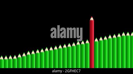 Ein roter Bleistift, der in einer grünen Bleistiftreihe hervorsticht, sei anders und sticht vom Crowd-Konzept Creative Business Concept ab Stockfoto
