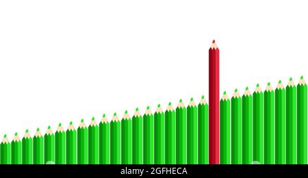 Herausragen Sie das Konzept mit Bleistift. Ein roter Buntstift steht aus der Menge, andere grüne Buntstifte auf weißem Hintergrund. Kreative Geschäftskonzept Idee Stockfoto