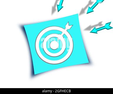 Bogenschießen Ziel mit Pfeilen isoliert auf weiß. Ein Stück Papier mit Pfeil und vielen Pfeilen. Geschäftsziele und Zielorientierungs-Konzept Stockfoto