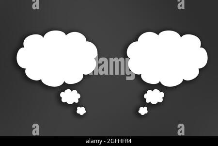 Zwei Sprechblasen auf grauem Hintergrund. 2 Weiße Gedanken blasen auf Grau. Stockfoto