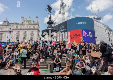 London, Großbritannien. August 2021. Demonstranten sahen sich während der Demonstration am Piccadilly Circus versammeln.am 3. Tag der Proteste von Extinction Rebellion trafen sich die Demonstranten mit dem Ziel, Klimagerechtigkeit für die indigenen Menschen in Amazonas-Regenwäldern in Brasilien zu fordern. Sie protestieren gegen Ökozid und Entwaldung in Brasilien. Die Gruppe begann ihre Demonstration vor der brasilianischen Botschaft in London, wechselte dann zum Piccadilly Circus und besetzte schließlich den Oxford Circus. (Foto von Belinda Jiao/SOPA Images/Sipa USA) Quelle: SIPA USA/Alamy Live News Stockfoto