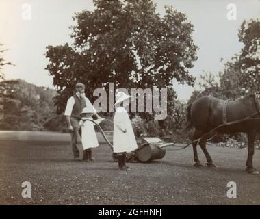 Mann und Kinder mähen einen Rasen mit dem Pferd, Frankreich 1930er Jahre Stockfoto