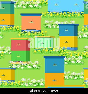 Bienenhaus mit Bienen und Bienenstöcken. Auf der Wiese mit grünem Gras und blühenden Gänseblümchen und Dandelionen. Nahtloses Muster. Vektor Stock Vektor