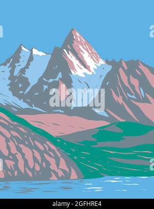 Art Deco- oder WPA-Poster des Nationalparks Gran Paradiso in den Graian Alpen zwischen dem Aostatal und den Regionen Piemont in Italien in Works-Projekt durchgeführt Stock Vektor