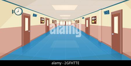 Schulflur Innenraum mit Eingangstüren, Stock Vektor