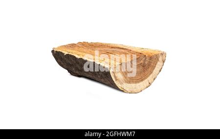 Die Hälfte schneiden Holz- anmelden. Auf weissem Hintergrund Stockfoto