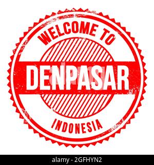WILLKOMMEN IN DENPASAR - INDONESIEN, Worte auf rotem Zickzack-Stempel geschrieben Stockfoto