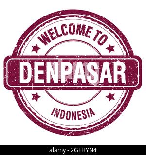 WILLKOMMEN IN DENPASAR - INDONESIEN, Worte auf violettem grungy Stempel geschrieben Stockfoto