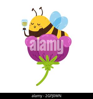 Niedliche kleine Honigbiene in Blüte mit Weinglas aus Nektar. Das gestreifte Insekt ruht während der Pause. Vektorzeichen isolierte Illustration auf weiß Stock Vektor