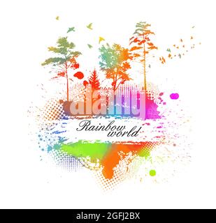 Mehrfarbige Bäume. Abstrakte Regenbogenlandschaft. Farbige Blots. Gemischte Medien, Vektorgrafik Stock Vektor